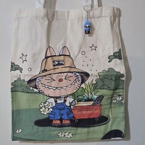 🍒🍒 Gardening Labubu The Monster Canvas Tote Bag With Keychain